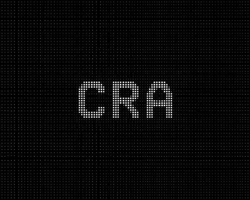 Dot-matrix letters CRA on a black grid background