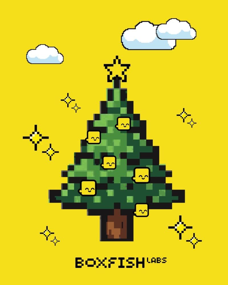 Boxfish Labs pixel Christmas tree graphic with boxfish ornaments