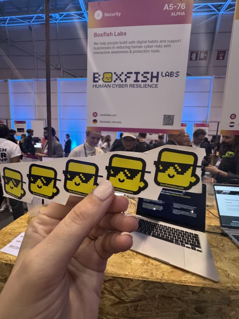 Boxfish Labs stickers at the Web Summit booth