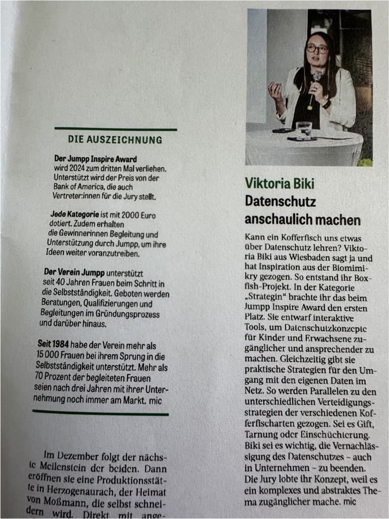 Frankfurter Rundschau article clipping on Viktoria Biki and Datenschutz anschaulich machen