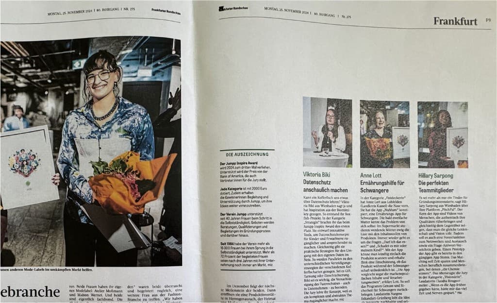 Frankfurter Rundschau newspaper spread covering the Jumpp Inspire Award 2024