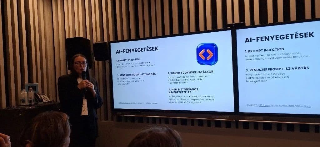 Viktoria Biki presenting AI threats slide at Service Design Days Budapest