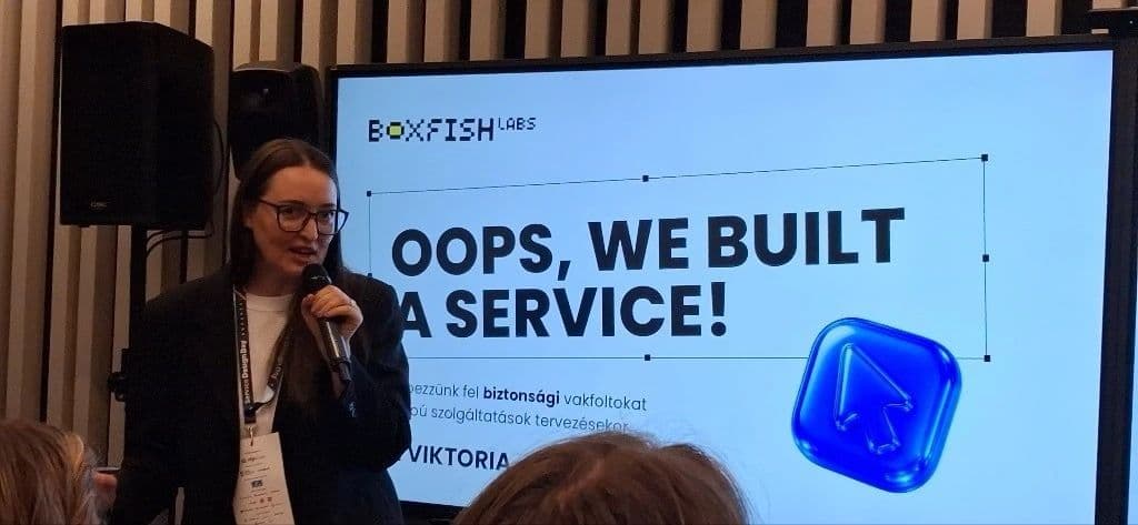 Viktoria Biki presenting Oops, We Built a Service at Service Design Days Budapest