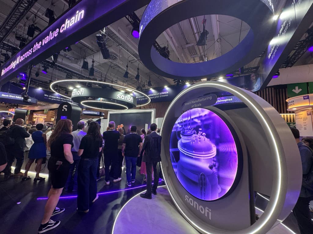 Sanofi booth with AI and smart manufacturing displays at Viva Technology 2026