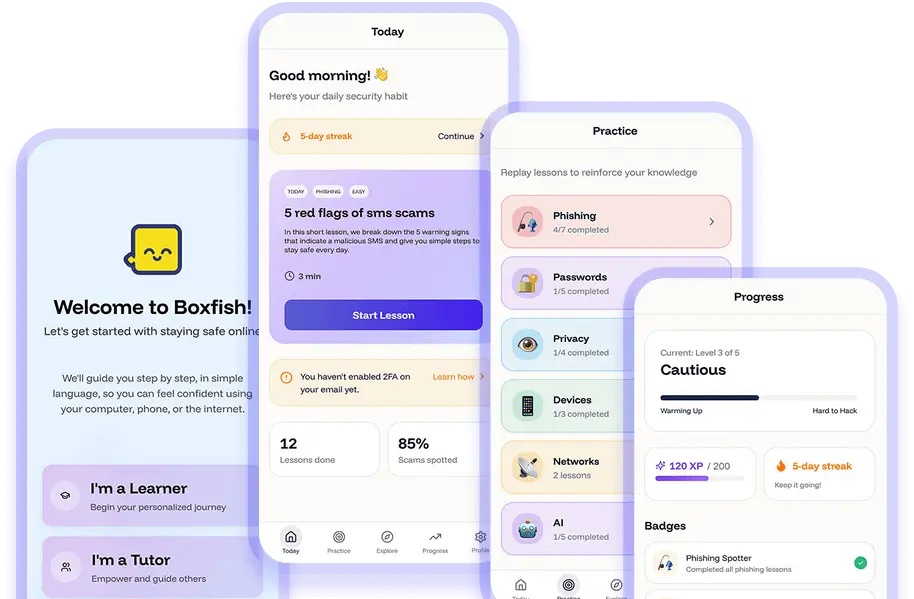 Boxfish App screens for daily habits, practice, and progress