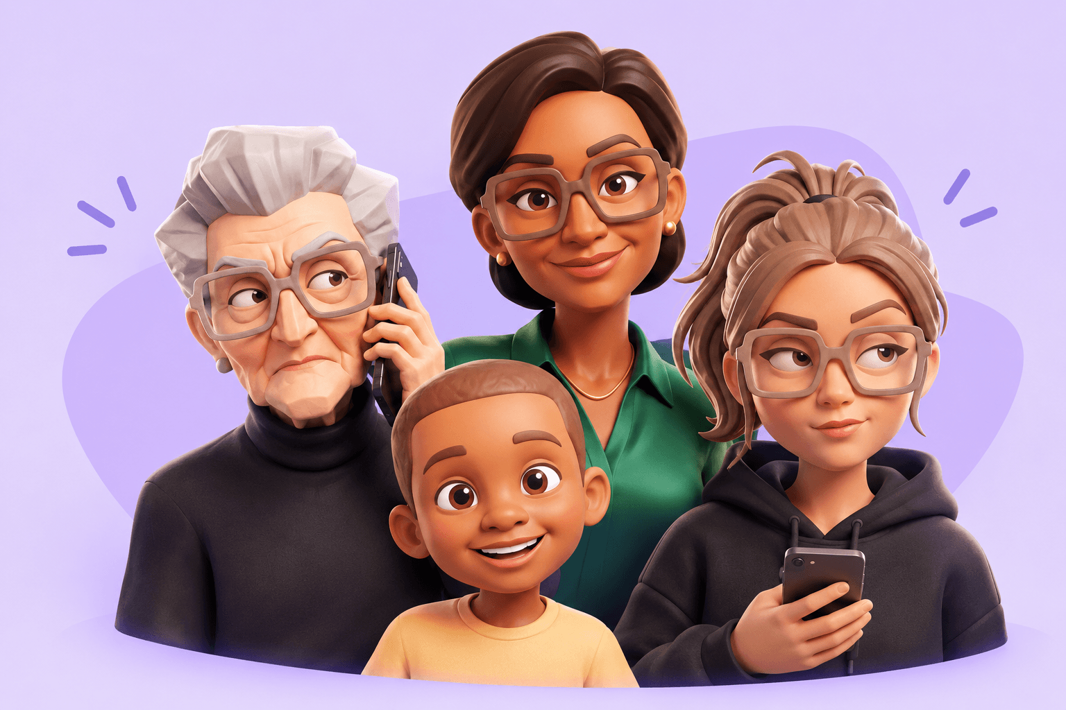 People of different ages using phones together