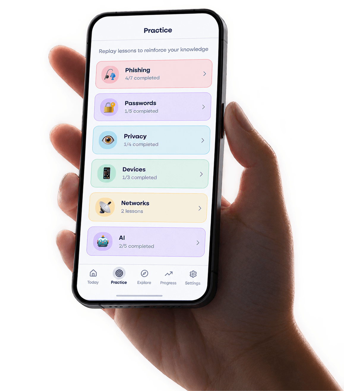 Hand holding a phone open to the Boxfish App Practice screen