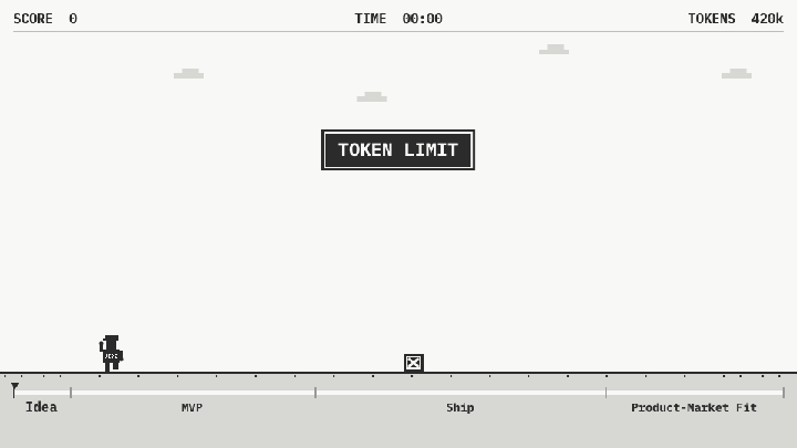 Vibe Runner gameplay: the runner jumps and slides past product and security obstacles from Idea toward Product-Market Fit